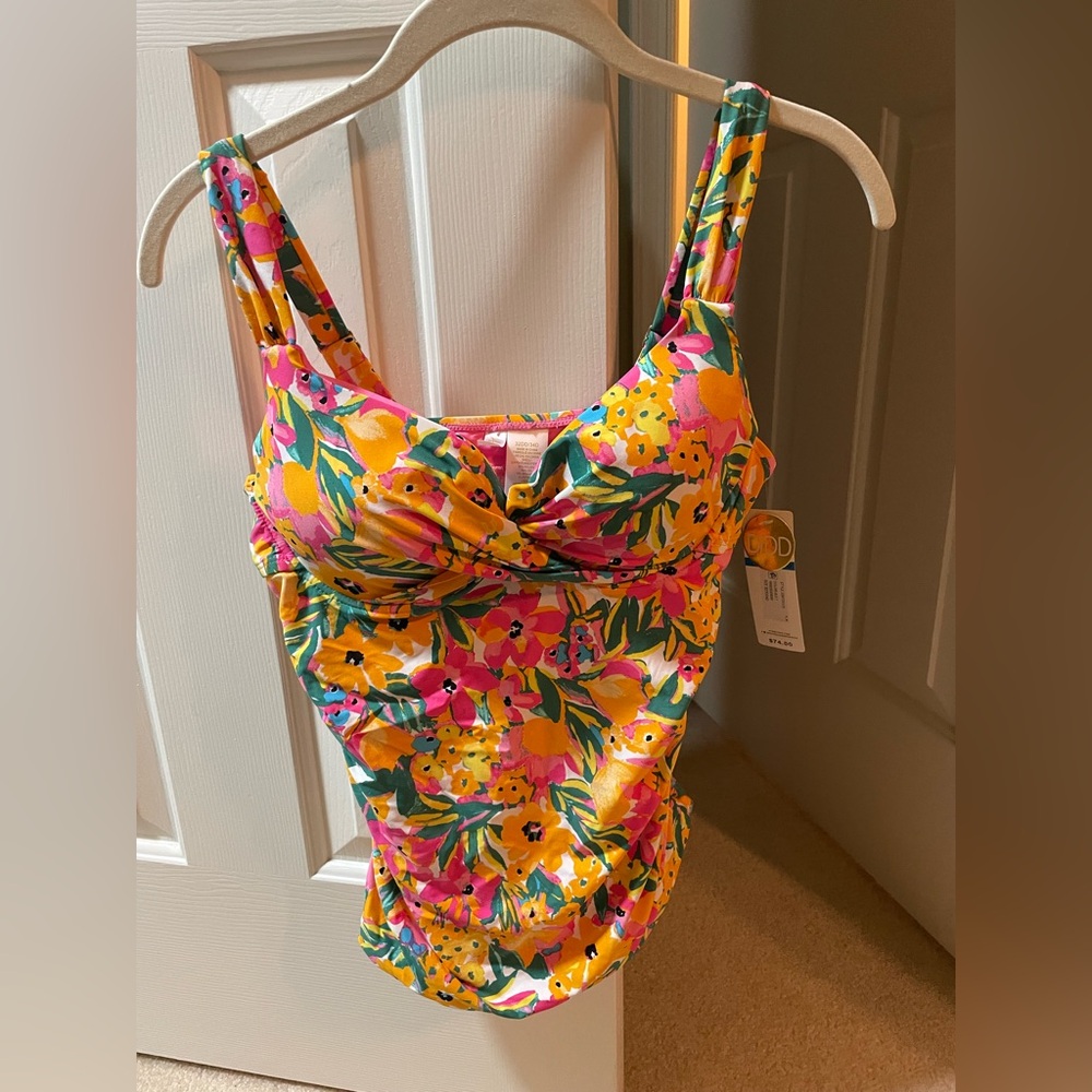 Pink and yellow floral bathing suit top.